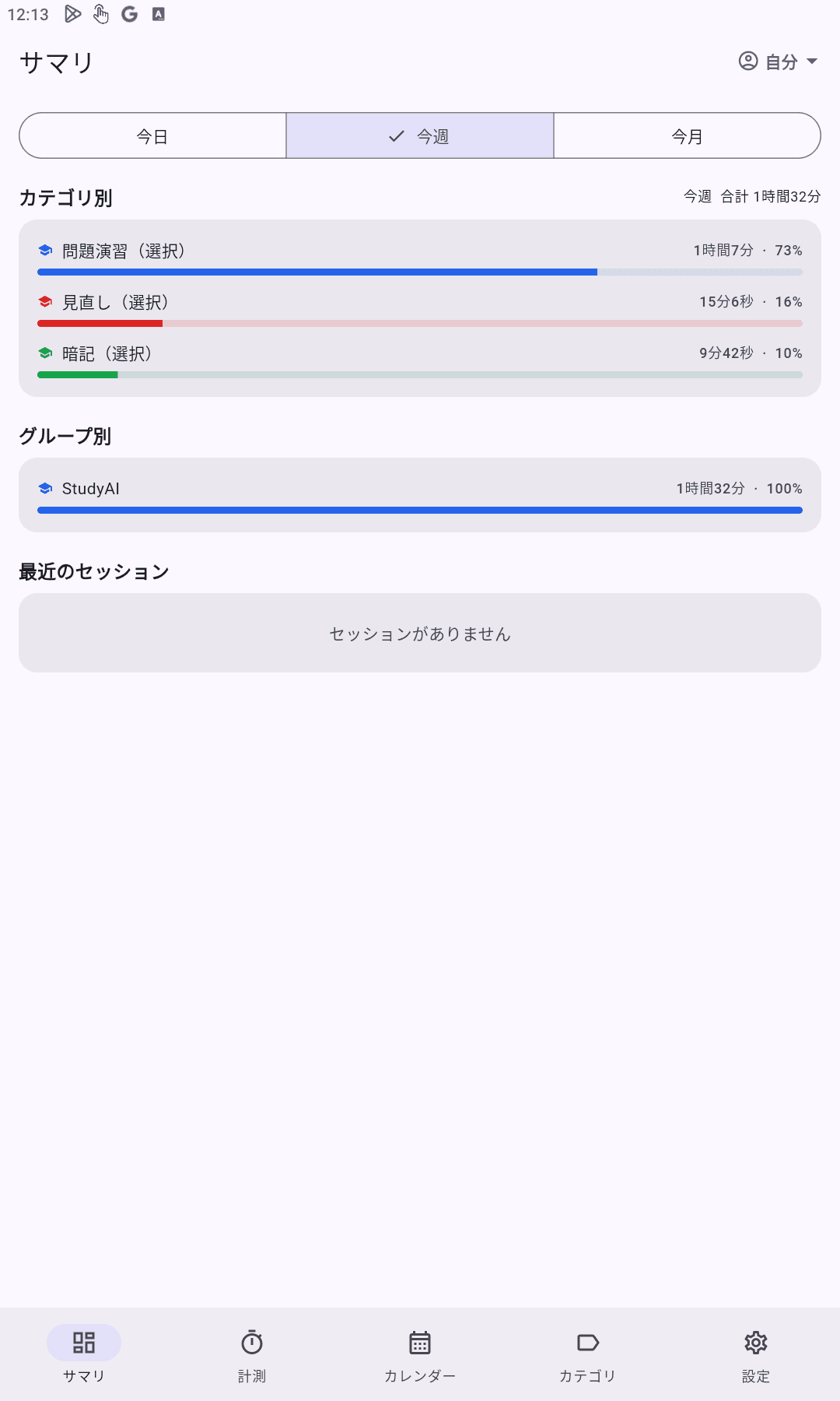 タイムレコーダーの週間合計とカテゴリ別内訳を示すサマリ画面